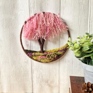 Mini Weeping Cherry Blossom Woven Tree Hoop, Circular Tapestry Wall Hanging, Small Gift Idea for Nature Lover image 4