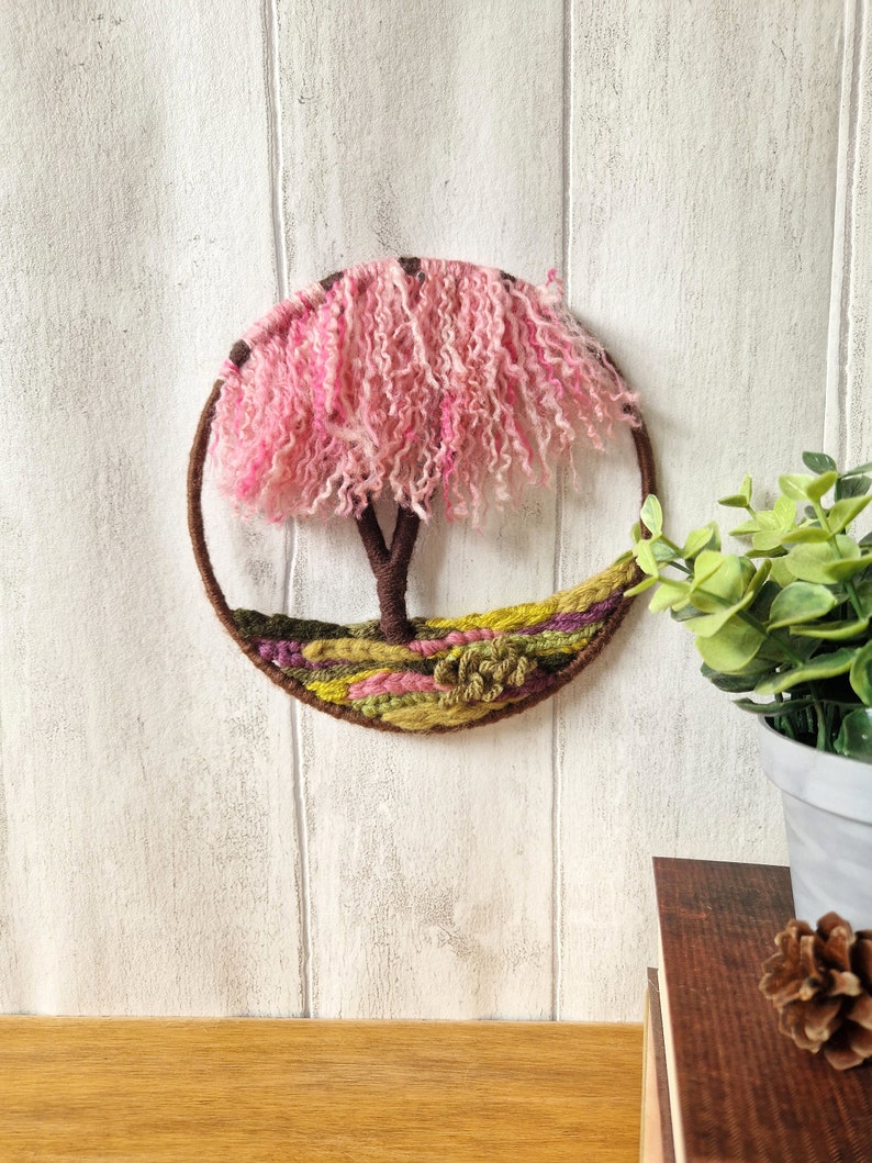 Mini Weeping Cherry Blossom Woven Tree Hoop, Circular Tapestry Wall Hanging, Small Gift Idea for Nature Lover image 4