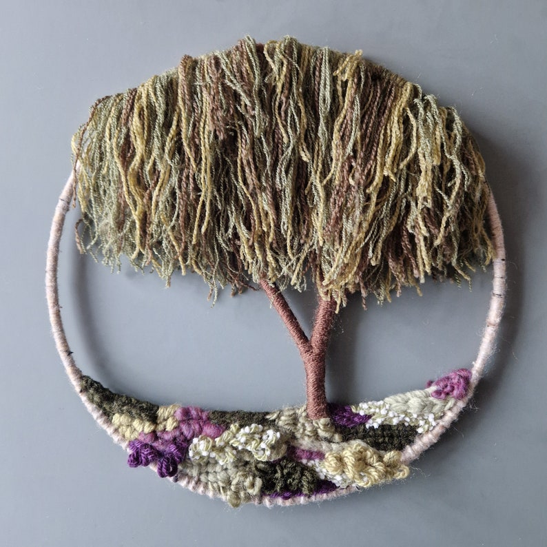 Weeping Willow Tree Fiber Art in Hoop, Heather Moorland Wall Art, Autumn in England, Nature Lover Gift Idea zdjęcie 3