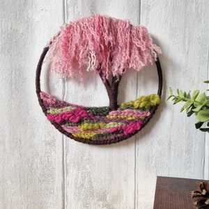 Mini Weeping Cherry Blossom Woven Tree Hoop, Circular Tapestry Wall Hanging, Small Gift Idea for Nature Lover image 7