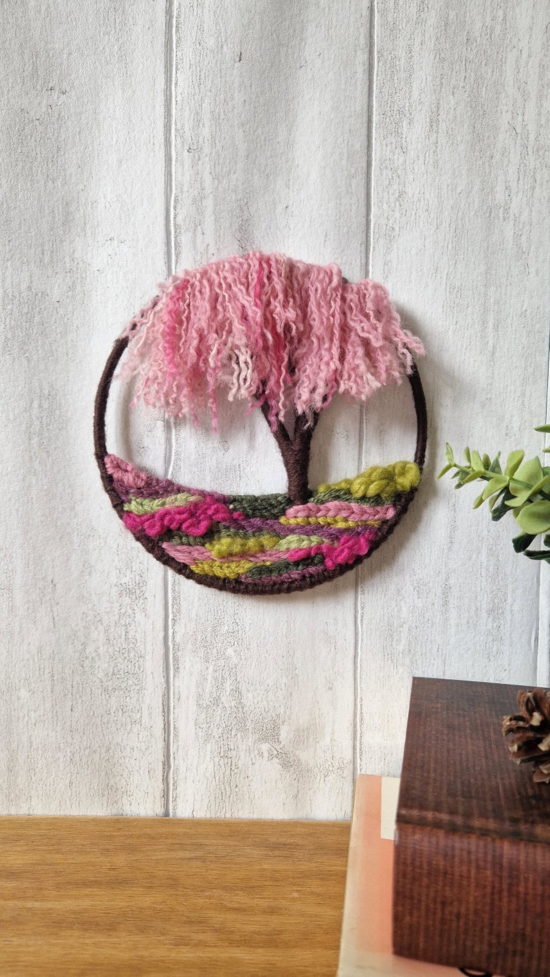 Mini Weeping Cherry Blossom Woven Tree Hoop, Circular Tapestry Wall Hanging, Small Gift Idea for Nature Lover image 7