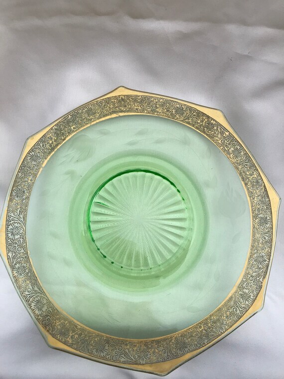 Vintage Green Depression Glass Etched Serving Plate With Gold Edging