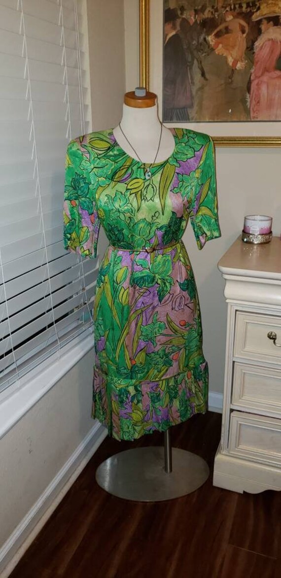 Vintage Louis Feraud Dress | Green Flower Dress |… - image 2