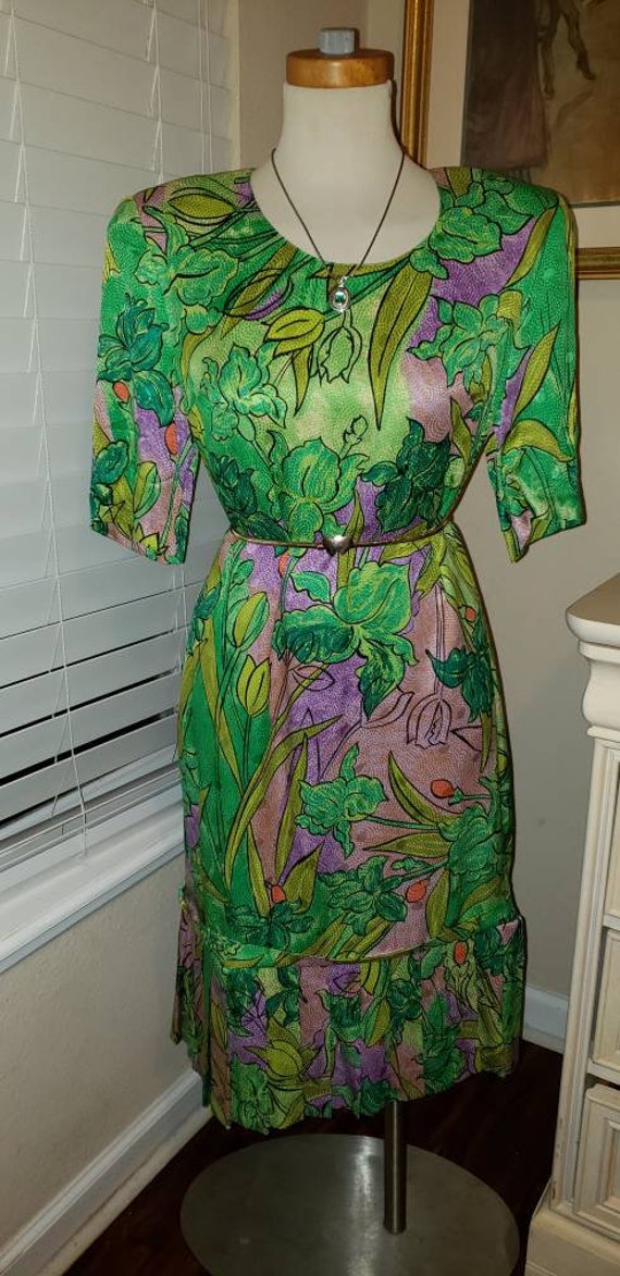 Vintage Louis Feraud Dress | Green Flower Dress |… - image 3