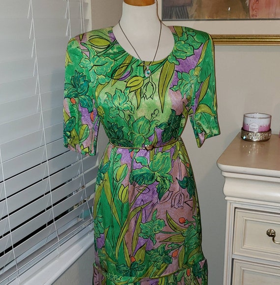 Vintage Louis Feraud Dress | Green Flower Dress | Sil… - Gem