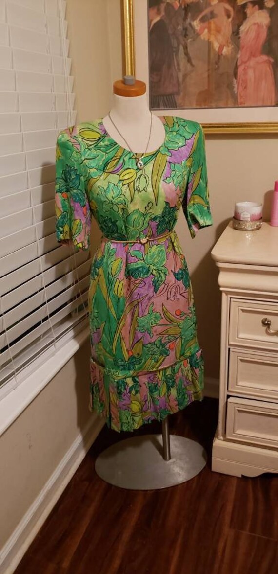 Vintage Louis Feraud Dress | Green Flower Dress |… - image 4