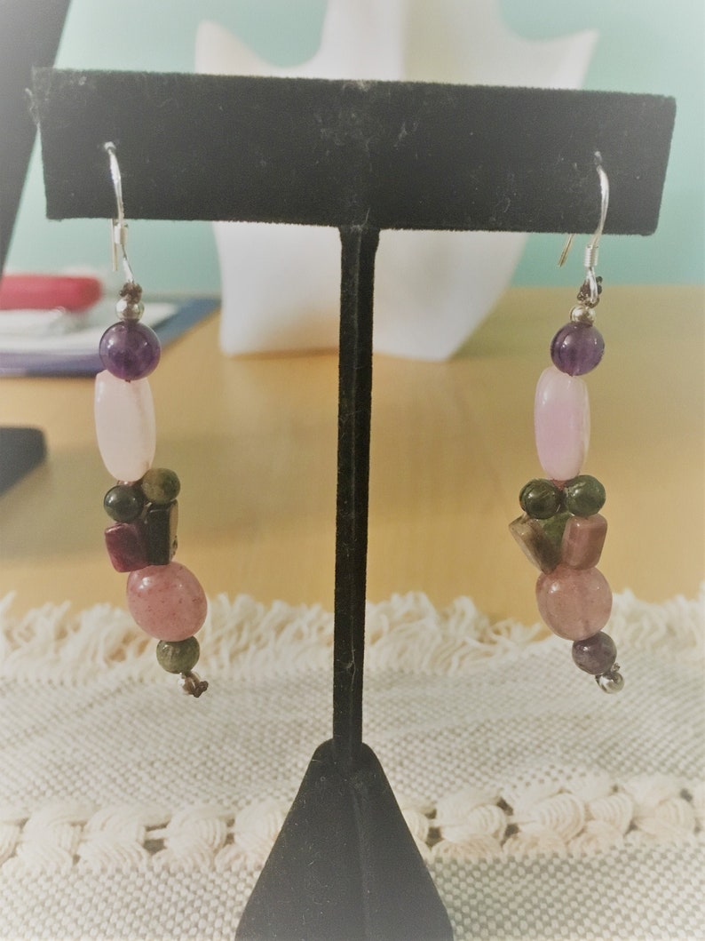 Boho Hippie Chic Style Earrings set multicolored Tourmaline Gemstone Beaded Dangle Earrings Rose /& Pink Quartz Beads Spirit Amethyst