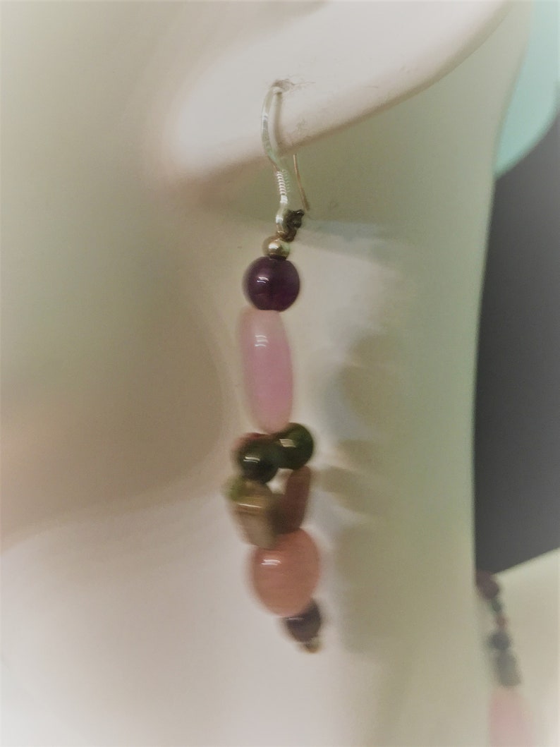 Boho Hippie Chic Style Earrings set multicolored Tourmaline Gemstone Beaded Dangle Earrings Rose /& Pink Quartz Beads Spirit Amethyst