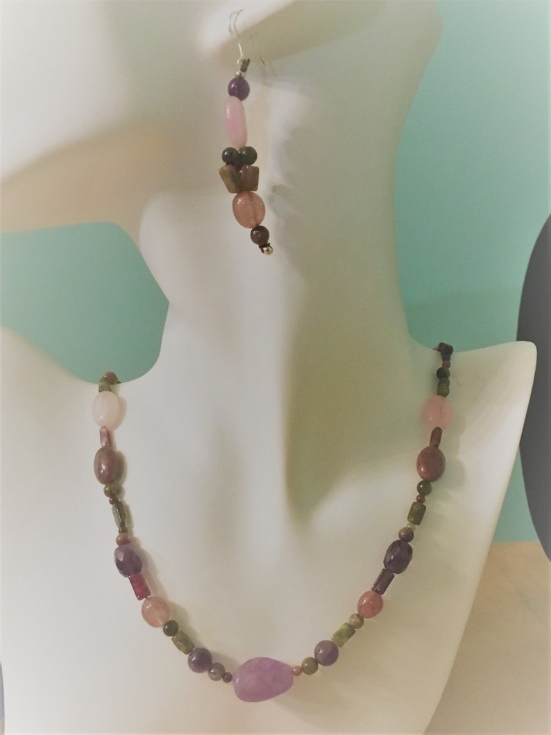 Boho Hippie Chic Style Earrings set multicolored Tourmaline Gemstone Beaded Dangle Earrings Rose /& Pink Quartz Beads Spirit Amethyst