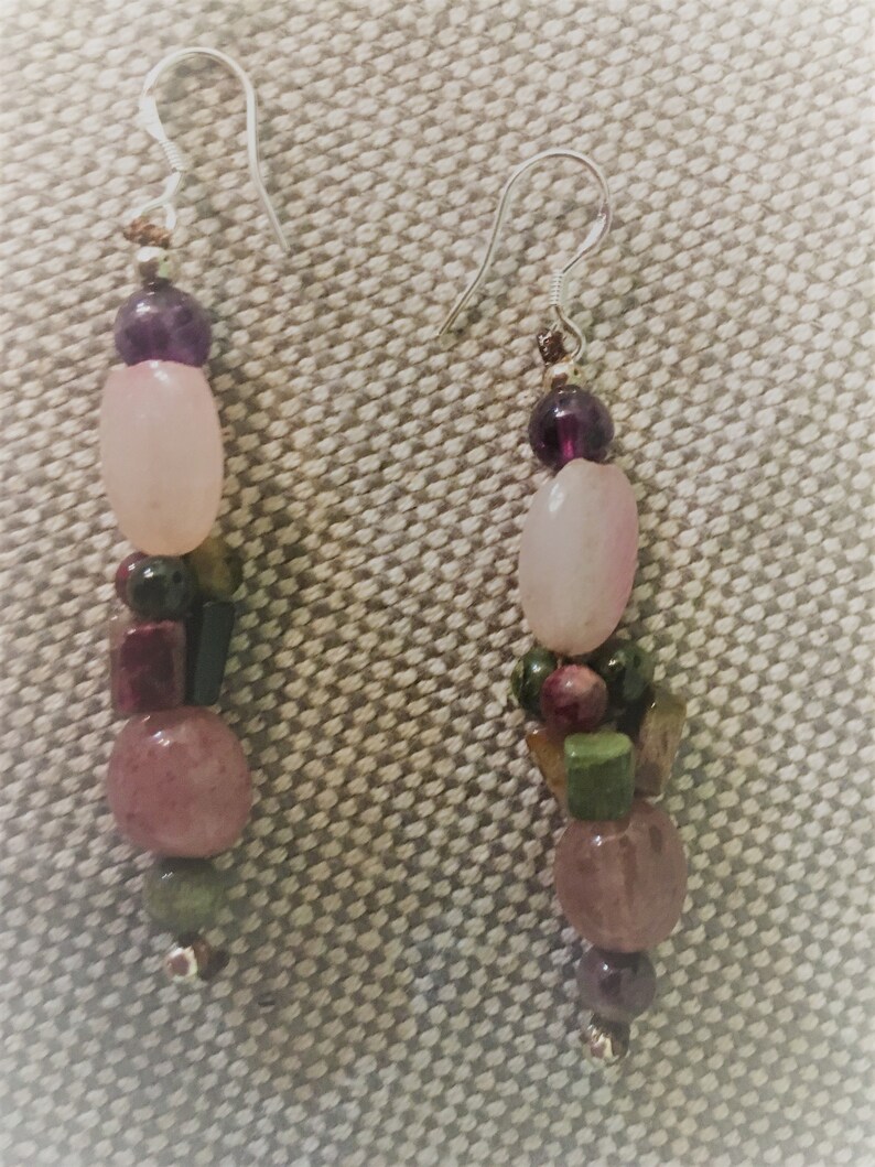 Boho Hippie Chic Style Earrings set multicolored Tourmaline Gemstone Beaded Dangle Earrings Rose /& Pink Quartz Beads Spirit Amethyst