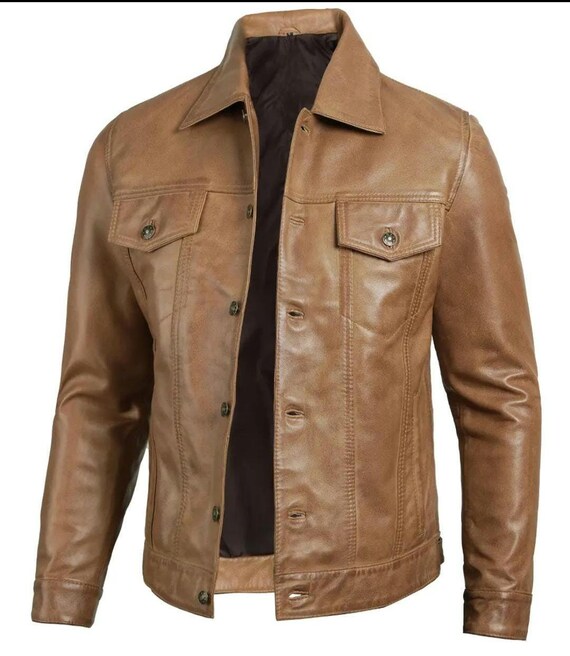 Handmade Lambskin Leather Trucker Jacket: Vintage Style Camel
