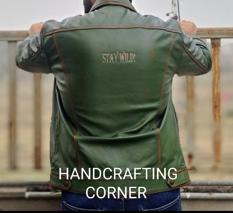 Trucker Handmade Leather Vintage Jacket I Lamb Skin I Green Color image 7