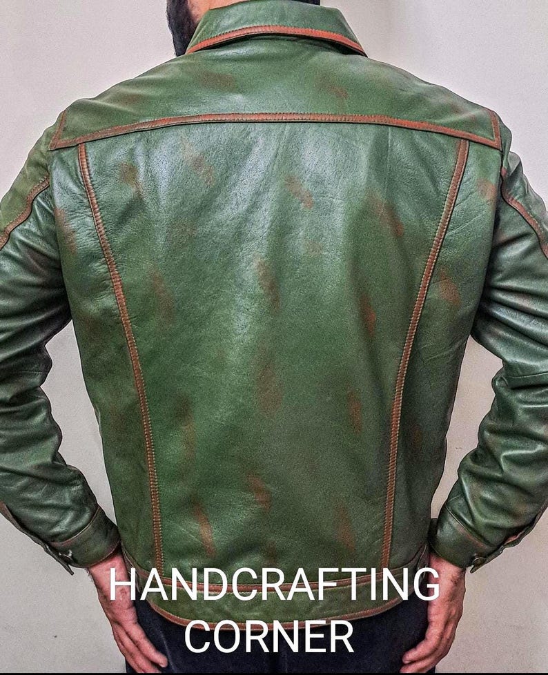 Trucker Handmade Leather Vintage Jacket I Lamb Skin I Green Color image 5