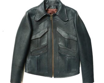 Vintage Geometric Leather Jacket: Handmade 80s Military Style