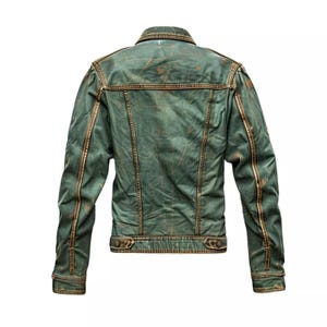 May include: A green denim jacket with gold stitching and a distressed look.