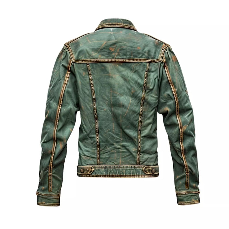 May include: A green denim jacket with gold stitching and a distressed look.