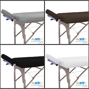 May include: Eight massage table sheets in different colors: white, gray, brown, burgundy, blue, black, ivory, and purple. The sheets are fitted with elastic corners and have a bolster for head support. The sheets are made by Bodyworks Linen.