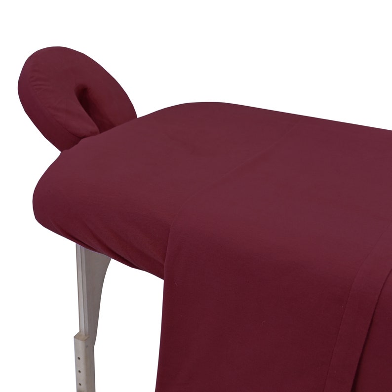 May include: A burgundy massage table with a matching face cradle. The table is made of a soft, comfortable material and is perfect for relaxation and rejuvenation.