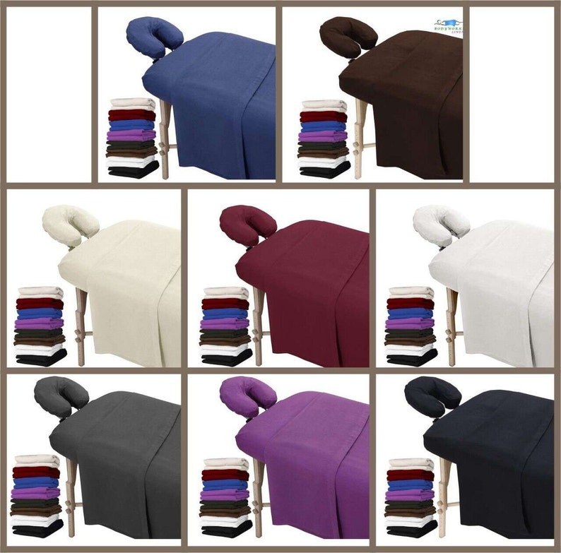 May include: A set of 10 massage table sheets in various colors, including blue, brown, beige, burgundy, gray, purple, and black. Each sheet is shown on a wooden massage table with a matching headrest. The sheets are made of soft, comfortable fabric and are perfect for use in a spa or massage therapy setting.