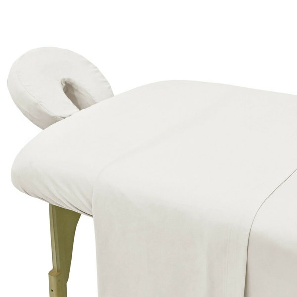 Massage Table Sheet 3 Pieces Set Soft & Double Brushed 100% Microfiber Fabric Fitted Sheet Flat Sheet Top Face Cover Natural Color