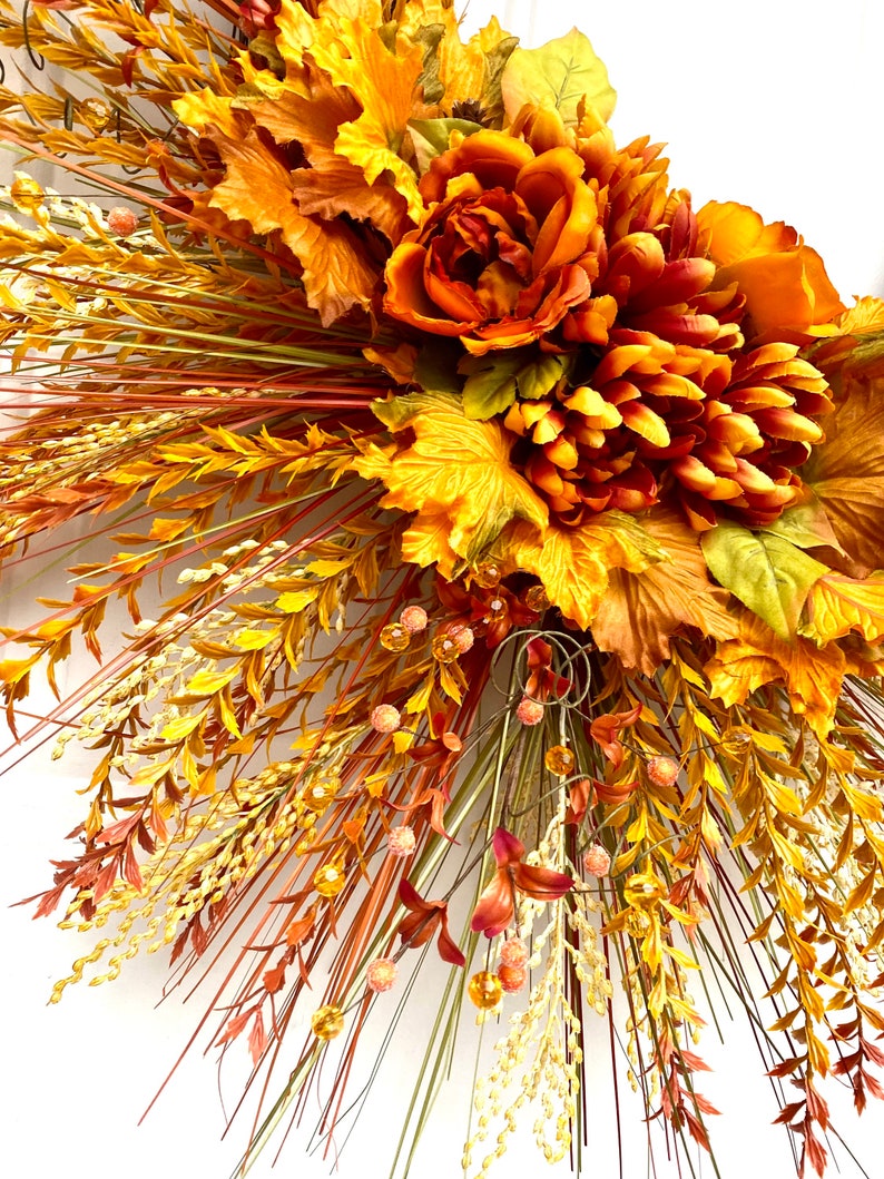 Autumn Harvest Wreath with Orange Dahlias and Maple Leaves, Fall Door Decor, Thanksgiving Wreath, Rustic Fall Floral Wreath, Mantle Decor image 5