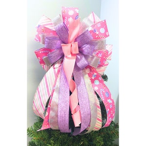 Christmas Bow Tree Topper, Pastel Christmas Bow, Candy Theme Christmas Bow
