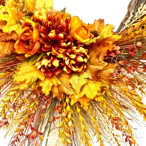 Autumn Harvest Wreath with Orange Dahlias and Maple Leaves, Fall Door Decor, Thanksgiving Wreath, Rustic Fall Floral Wreath, Mantle Decor image 7