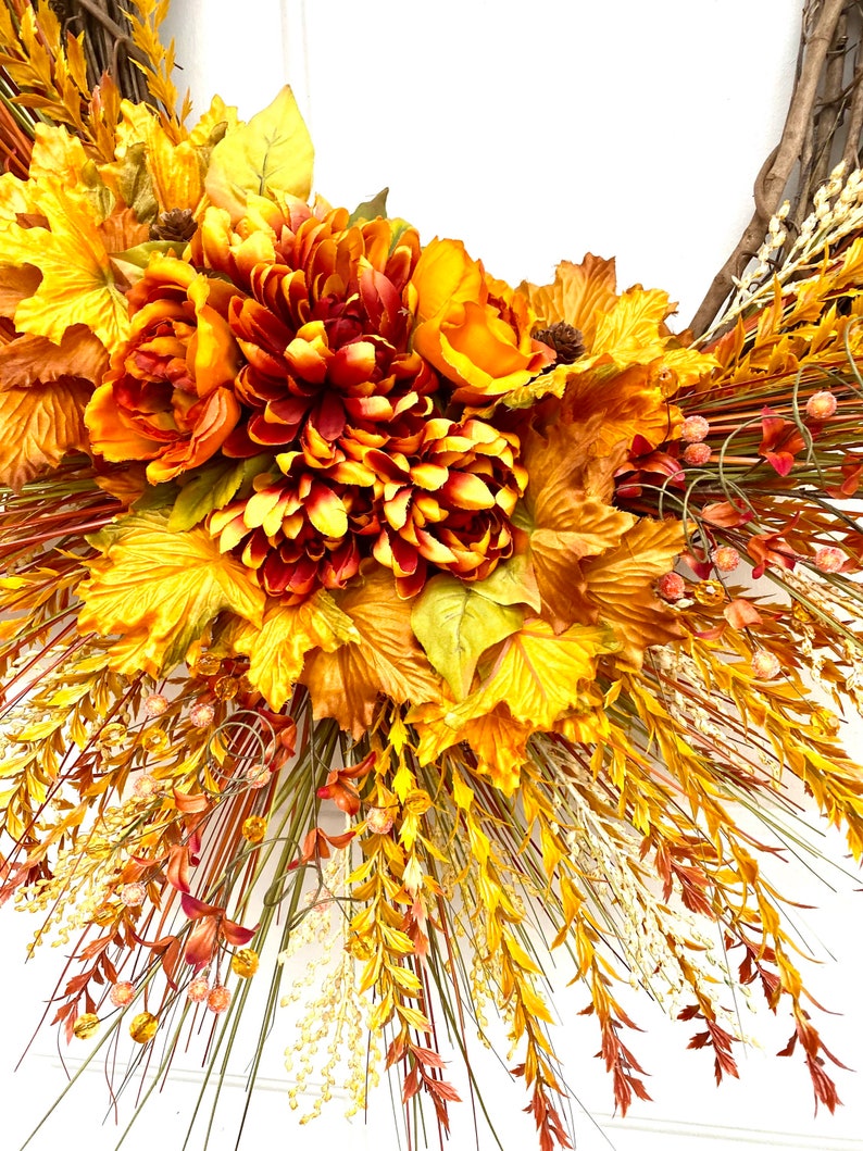 Autumn Harvest Wreath with Orange Dahlias and Maple Leaves, Fall Door Decor, Thanksgiving Wreath, Rustic Fall Floral Wreath, Mantle Decor image 7