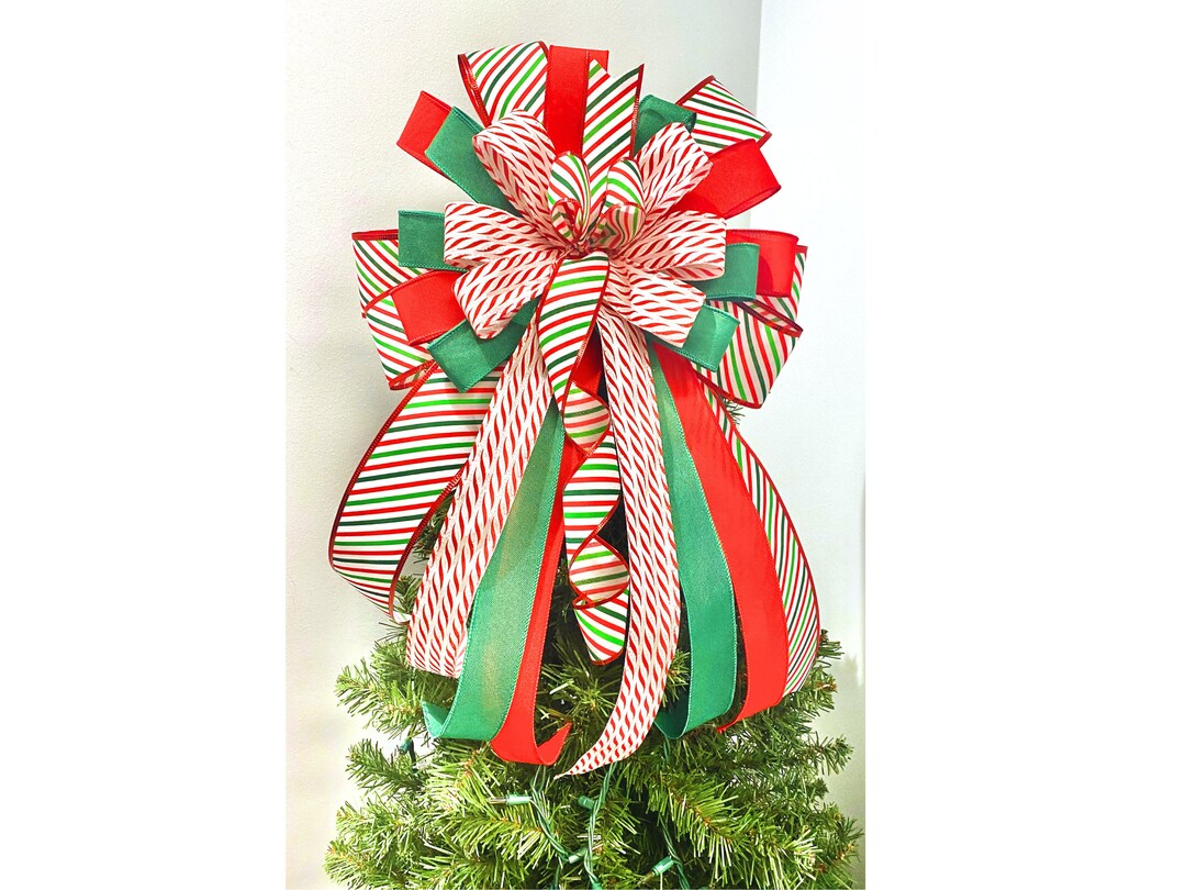 Christmas Bow Tree Topper, Red White and Green, Christmas Bow, Candy ...