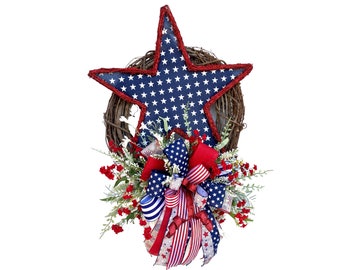 Patriotic Grapevine Wreath, Patriotic Star Wreath, Americana Wreath, 4th of July Wreaths for Front Door, Patriotic Summer Wreath