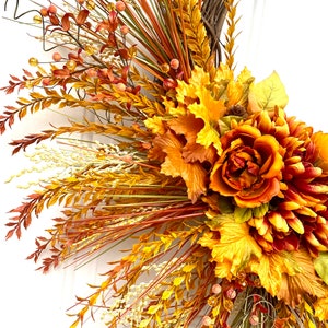 Autumn Harvest Wreath with Orange Dahlias and Maple Leaves, Fall Door Decor, Thanksgiving Wreath, Rustic Fall Floral Wreath, Mantle Decor image 4