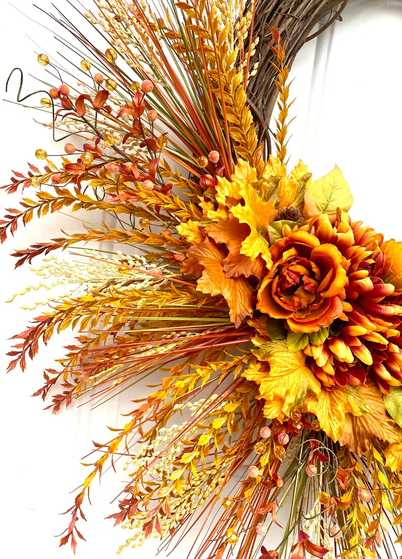 Autumn Harvest Wreath with Orange Dahlias and Maple Leaves, Fall Door Decor, Thanksgiving Wreath, Rustic Fall Floral Wreath, Mantle Decor image 4