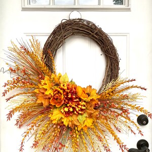 Autumn Harvest Wreath with Orange Dahlias and Maple Leaves, Fall Door Decor, Thanksgiving Wreath, Rustic Fall Floral Wreath, Mantle Decor image 9