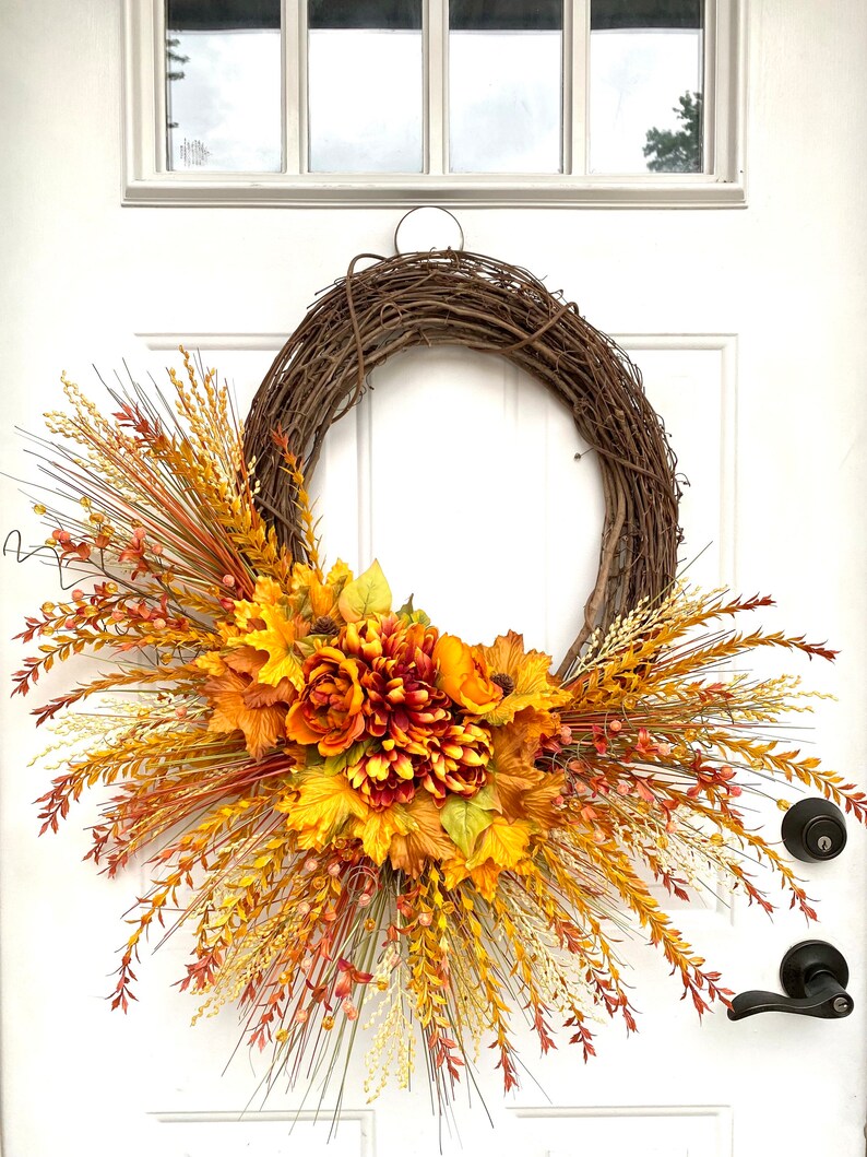 Autumn Harvest Wreath with Orange Dahlias and Maple Leaves, Fall Door Decor, Thanksgiving Wreath, Rustic Fall Floral Wreath, Mantle Decor image 9