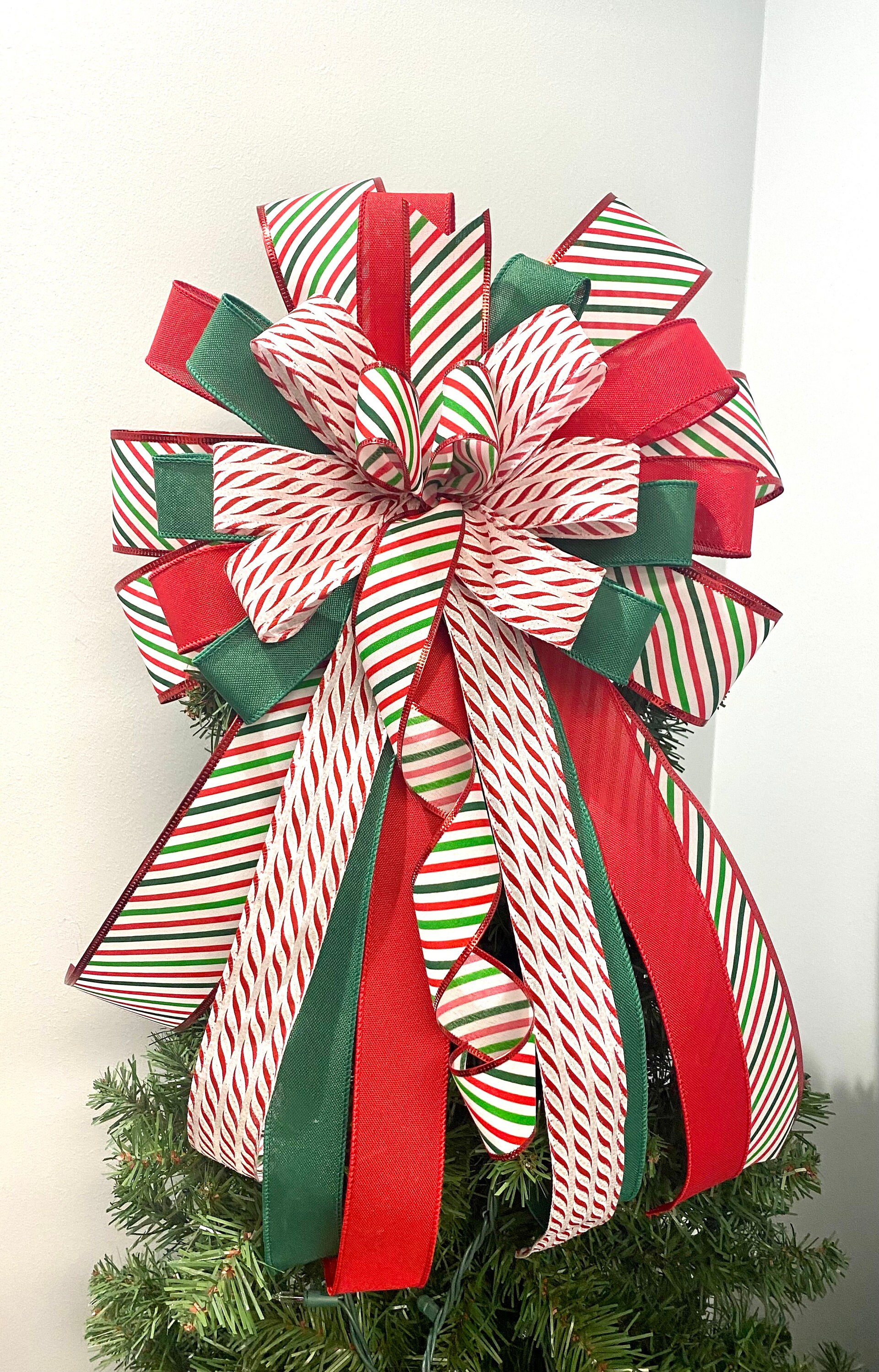 Christmas Bow Tree Topper, Red White and Green, Christmas Bow, Candy ...