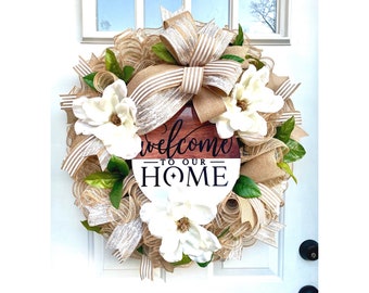 Magnolia Wreath for Front Door, Welcome to Our Home Wreath, Magnolia Wreath, Magnolia Wreath with Bow, Neutral Wreath, Farmhouse Wreath
