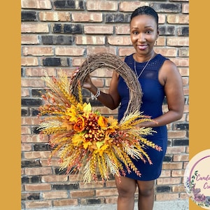 Autumn Harvest Wreath with Orange Dahlias and Maple Leaves, Fall Door Decor, Thanksgiving Wreath, Rustic Fall Floral Wreath, Mantle Decor image 1