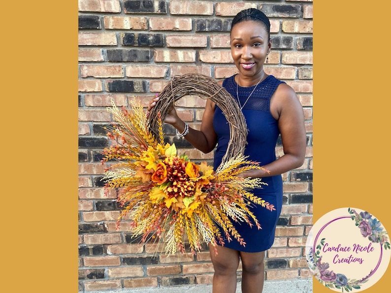 Autumn Harvest Wreath with Orange Dahlias and Maple Leaves, Fall Door Decor, Thanksgiving Wreath, Rustic Fall Floral Wreath, Mantle Decor image 1