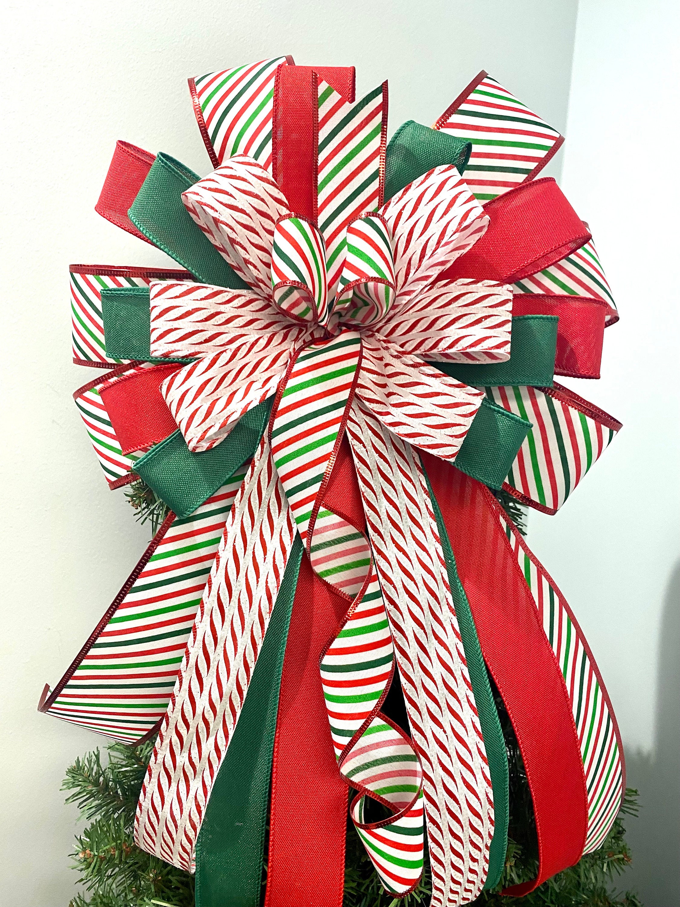 Christmas Bow Tree Topper, Red White and Green, Christmas Bow, Candy ...
