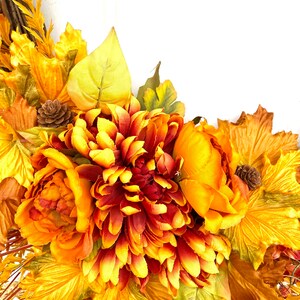 Autumn Harvest Wreath with Orange Dahlias and Maple Leaves, Fall Door Decor, Thanksgiving Wreath, Rustic Fall Floral Wreath, Mantle Decor image 6