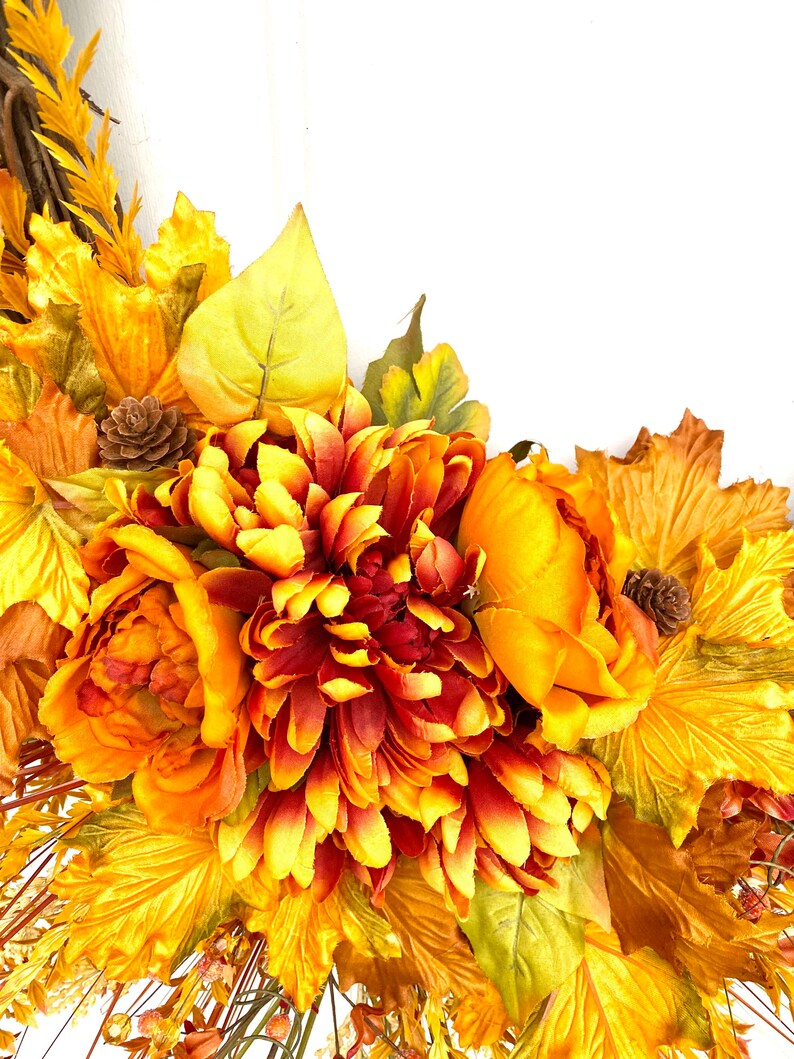 Autumn Harvest Wreath with Orange Dahlias and Maple Leaves, Fall Door Decor, Thanksgiving Wreath, Rustic Fall Floral Wreath, Mantle Decor image 6