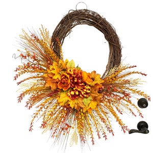 Autumn Harvest Wreath with Orange Dahlias and Maple Leaves, Fall Door Decor, Thanksgiving Wreath, Rustic Fall Floral Wreath, Mantle Decor image 2