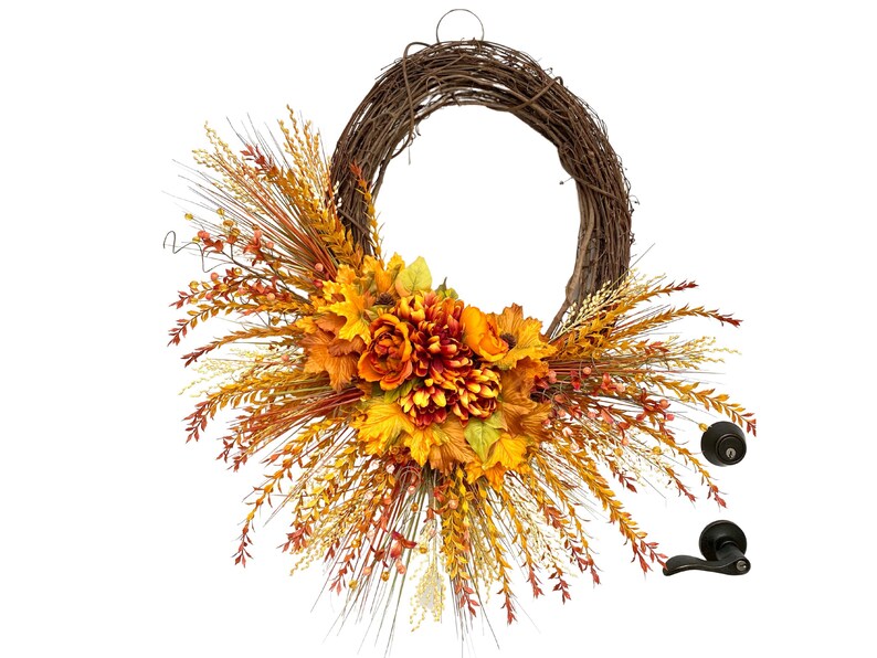 Autumn Harvest Wreath with Orange Dahlias and Maple Leaves, Fall Door Decor, Thanksgiving Wreath, Rustic Fall Floral Wreath, Mantle Decor image 2