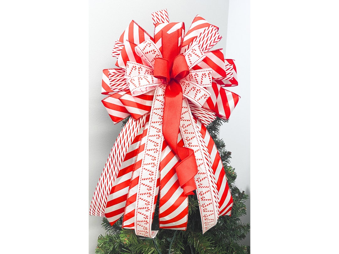 Christmas Bow Tree Topper, Red and White Christmas Bow, Candy Cane ...