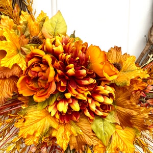 Autumn Harvest Wreath with Orange Dahlias and Maple Leaves, Fall Door Decor, Thanksgiving Wreath, Rustic Fall Floral Wreath, Mantle Decor image 8