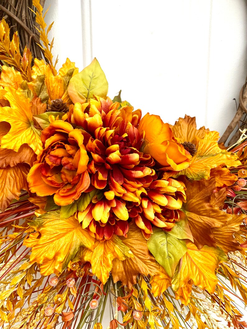 Autumn Harvest Wreath with Orange Dahlias and Maple Leaves, Fall Door Decor, Thanksgiving Wreath, Rustic Fall Floral Wreath, Mantle Decor image 8