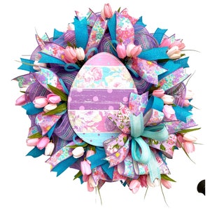 Easter Wreath with Tulips, Easter Egg Wreath for Front Door, Pastel Easter Wreath, Thin Wreath, Egg Wreath