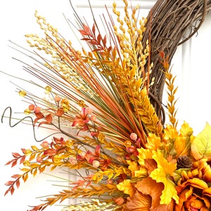 Autumn Harvest Wreath with Orange Dahlias and Maple Leaves, Fall Door Decor, Thanksgiving Wreath, Rustic Fall Floral Wreath, Mantle Decor image 3