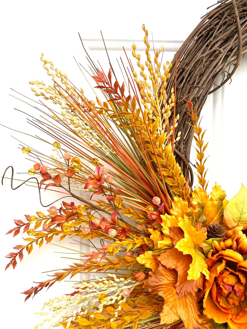 Autumn Harvest Wreath with Orange Dahlias and Maple Leaves, Fall Door Decor, Thanksgiving Wreath, Rustic Fall Floral Wreath, Mantle Decor image 3