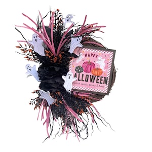 Pink Ghost Wreath, Pink Halloween Wreath for Front Door, Halloween Wreath with Ghost, Pink Halloween Decor, Halloween Grapevine Wreath